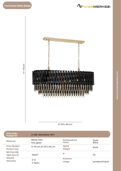 SİYAH KLASİK AVİZE A-186-120X40CM - Resim 3