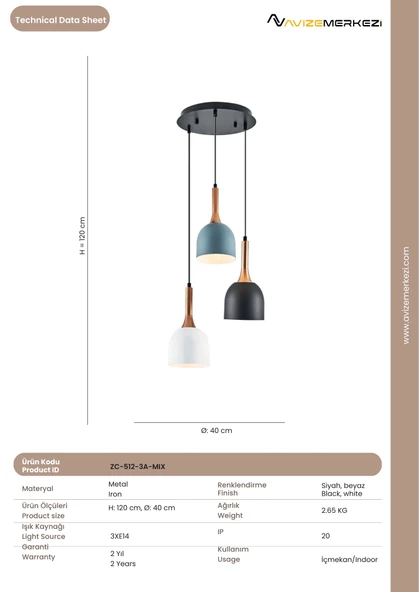 ÜÇLÜ YUVARLAK AVİZE ZC-512-3A-MIX - Resim 5