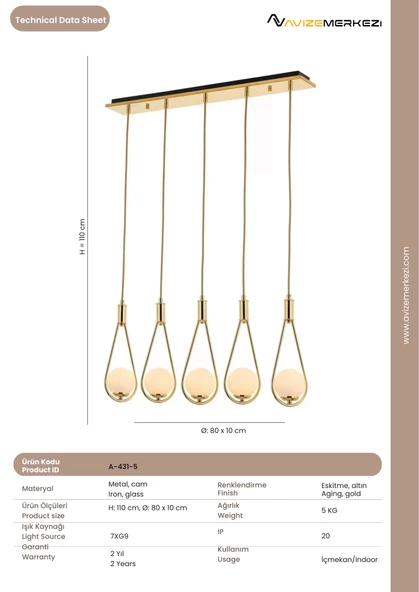 Sarı Kaplama Modern Avize A-431-5Y - Resim 3