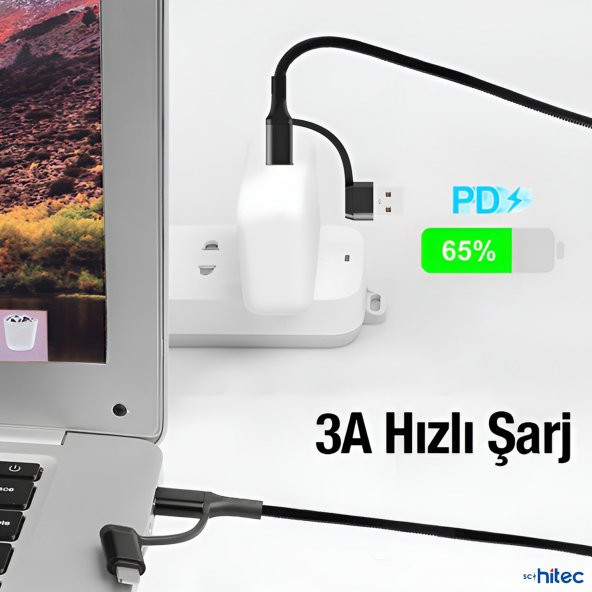 ScHitec 100W 4in1 Type-C - USB - Lightning - Type-C Çıkışlı Hızlı Data ve Şarj Kablosu Siyah - 3