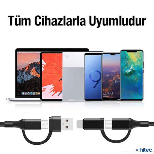 ScHitec 100W 4in1 Type-C - USB - Lightning - Type-C Çıkışlı Hızlı Data ve Şarj Kablosu Siyah - 4