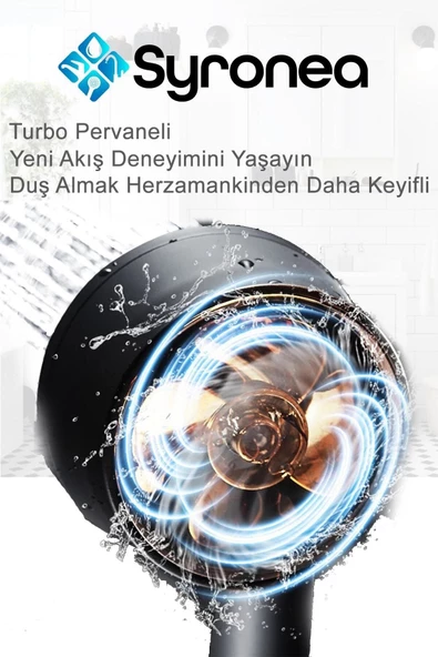 Mat Siyah Turbo Pervaneli Banyo Duş Başlığı 5 Fonksiyonlu Başlık - 3