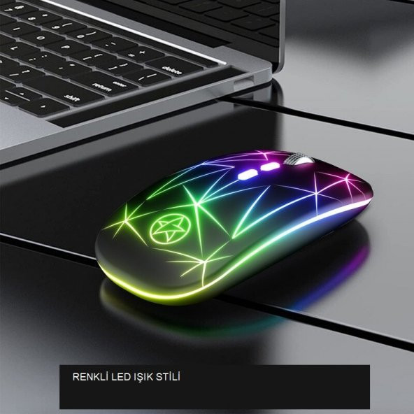 YeniTech-Şarjlı Kablosuz Optik Yedi Renkli Mouse Sessiz Bilgisayar Ergonomik Oyun Faresi Led Işıklı