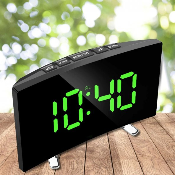 YeniTech-Dijital Aynalı Led Işıklı Dekoratif Masa üstü Saat Kavisli Alarmlı Şık Sıcaklık Ölçen Saat
