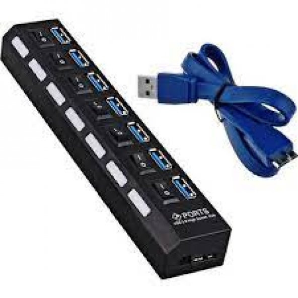 YeniTech  7 Port Adaptörlü Kolay Kullanım Hub Çoklayıcı USB 3.0 On Off Tuşlu