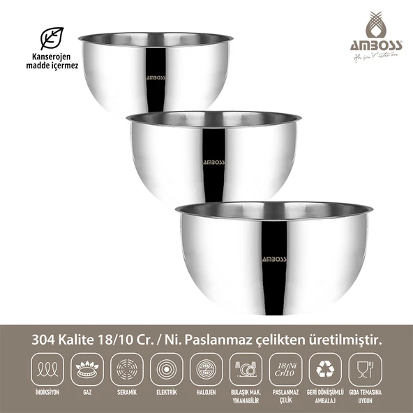 Amboss Stone 3 lü Paslanmaz Çelik Karıştırma Kabı Kase - 2