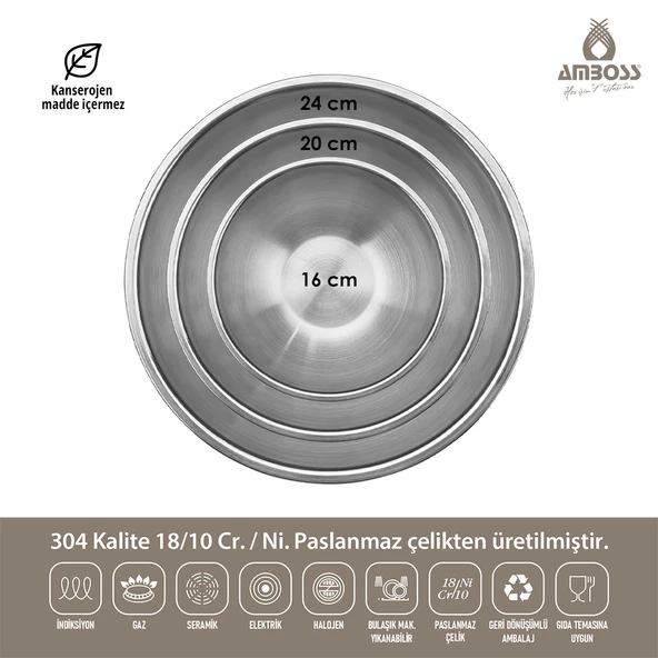 Amboss Stone 3 lü Paslanmaz Çelik Karıştırma Kabı Kase - 3