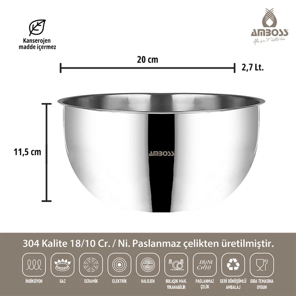 Amboss Stone 3 lü Paslanmaz Çelik Karıştırma Kabı Kase - 5
