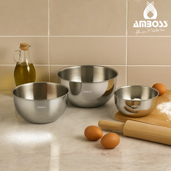 Amboss 3 Parça Paslanmaz Çelik Karıştırma Kabı Kase
