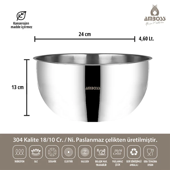 Amboss Stone 3 lü Paslanmaz Çelik Karıştırma Kabı Kase - 6