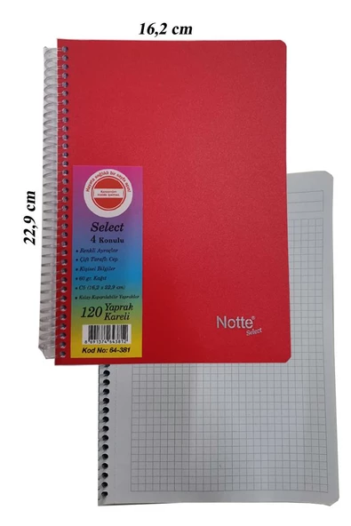 PP Orta Boy Spralli Defter 120 Yaprak Kareli 1 Adet 4 Bölümlü Kareli 120 Yaprak Plastik Kapak Spralli Defter