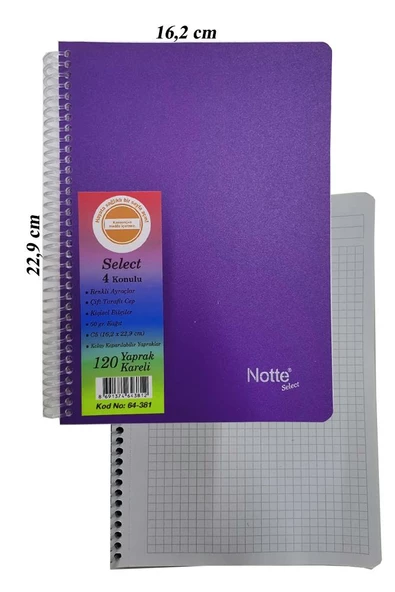 PP Orta Boy Spralli Defter 120 Yaprak Kareli 1 Adet 4 Bölümlü Kareli 120 Yaprak Plastik Kapak Spralli Defter - 3