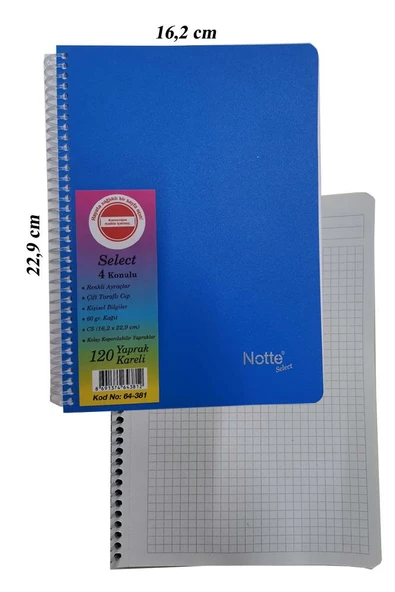 PP Orta Boy Spralli Defter 120 Yaprak Kareli 1 Adet 4 Bölümlü Kareli 120 Yaprak Plastik Kapak Spralli Defter - 2