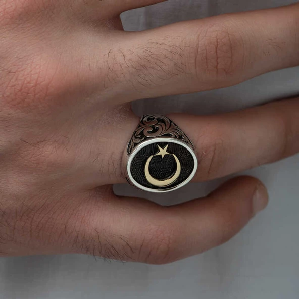 Lucky Life 925 Ayar Gumuss  Yanları Desenli Ay Yıldız Erkek Yüzük - 4