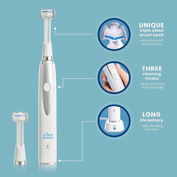 Triple Bristle Çocuk Sonic Diş Fırçası - Diş ve Diş Etlerini Temizlemek İçin - 2 Adet - 3