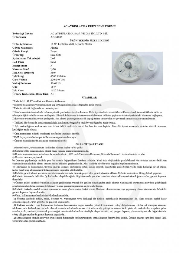 18W Ledli Sensörlü Armatür Plastik Beyaz Işık - 2
