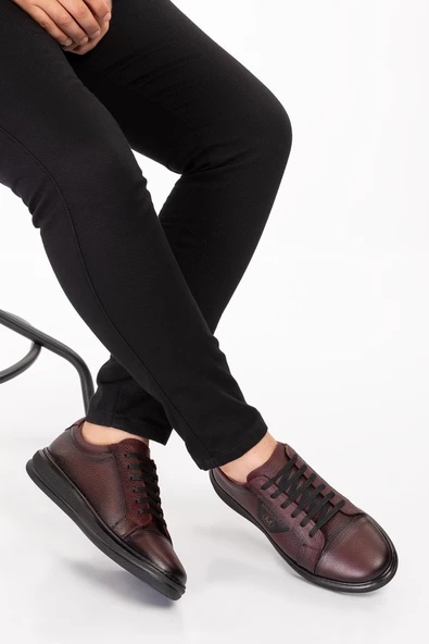 Shoeter-M1646 Hakiki Deri Ortopedik Sneaker Bordo Ayayakkabı