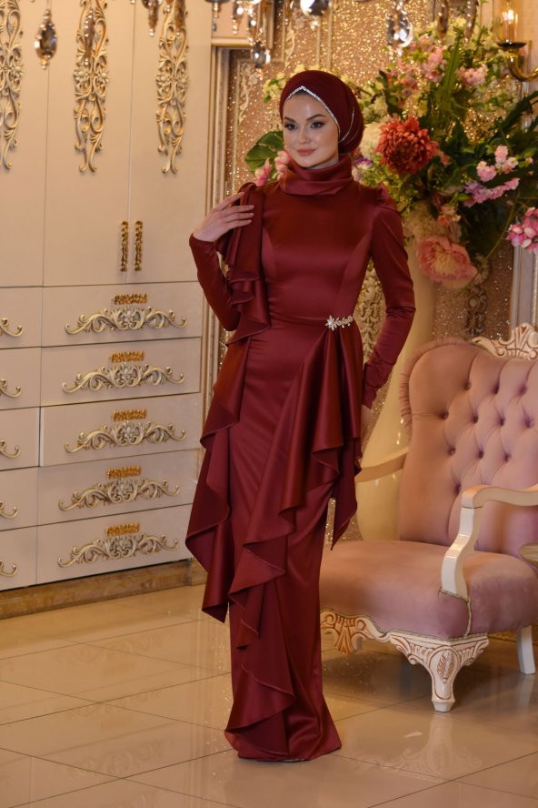 KUĞU BORDO ABİYE ELBİSE - 3