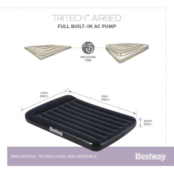 Bestway Tritech Airbad Elektrikli Çift Kişilik Şişme Yatak 191cm x 137cm x 30cm - 4