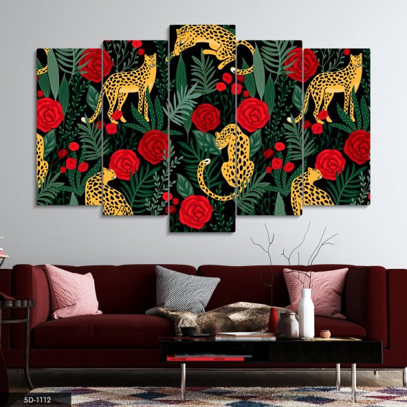 Leopar Tropikal Orman 5 Parça Mdf Tablo