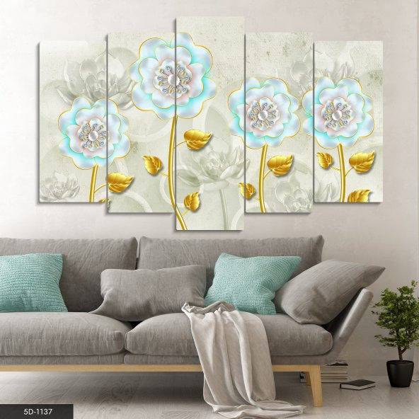 Gold Çiçekler 5 Parça Mdf Tablo