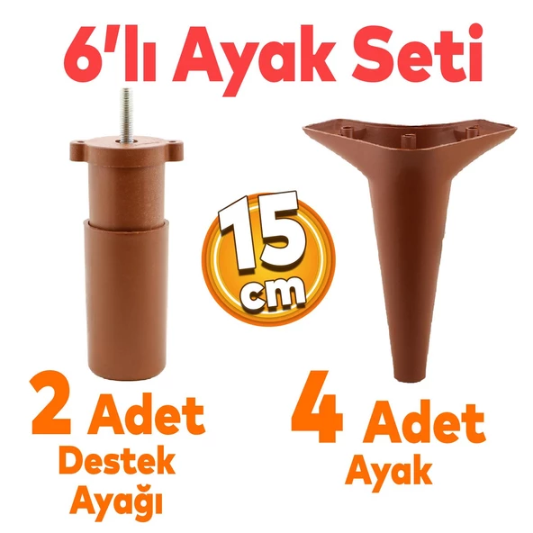 Aspen 6'lı Set Mobilya Tv Ünitesi Çekyat Koltuk Kanepe Baza Destek Ayağı Ayakları 15 Cm Kahverengi
