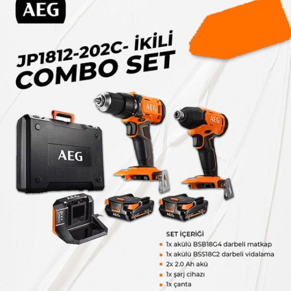 AEG JP1812-202C COMBO SET (BSB18G4 DARBELİ MATKAP + BSS18C2 DARBELİ VİDALAMA + 2Ah AKÜ + ŞARJ CİHAZ)