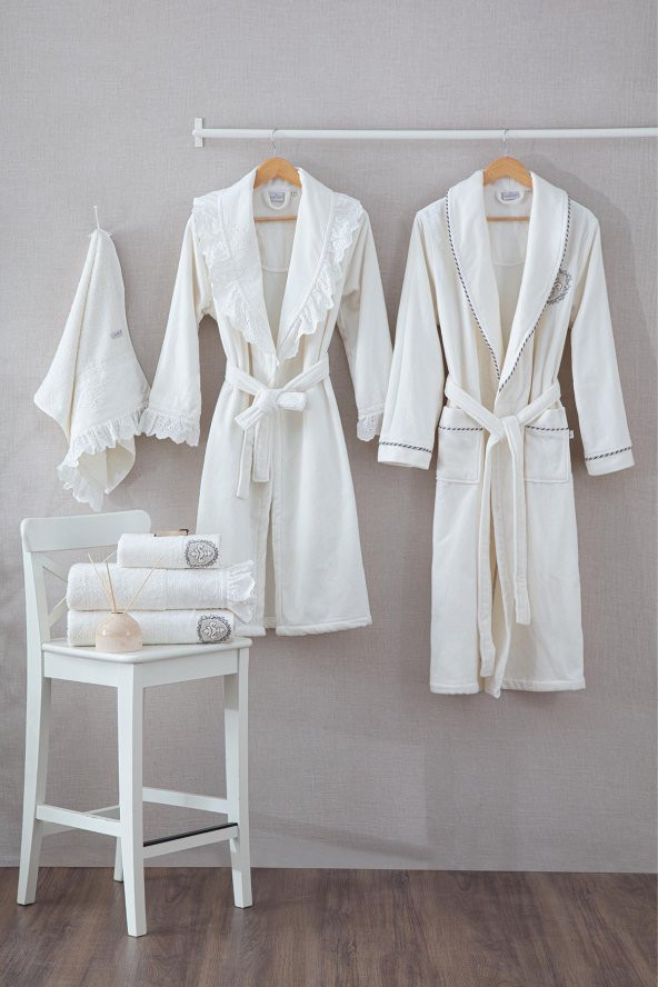 Ecocotton Elsa Aile Bornoz  Seti 100 Organik Pamuk Nakışlı Krem/Krem - M/L - 2