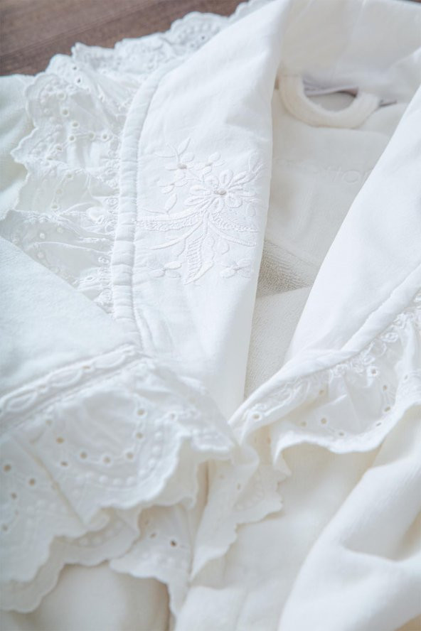 Ecocotton Elsa Aile Bornoz  Seti 100 Organik Pamuk Nakışlı Krem/Krem - M/L - 3