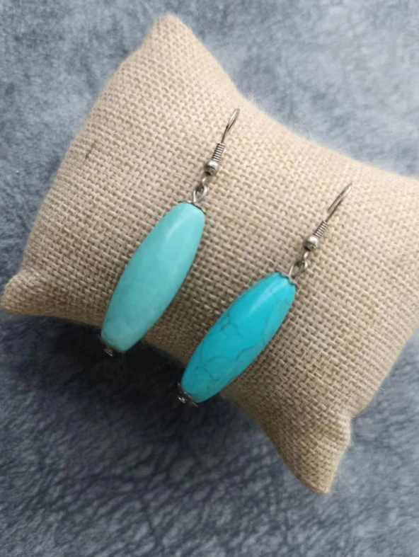 Küpe Otantik Doğal Turkuaz Taşlı Vintage Sallantılı Küpe Kadın Takı Hediye - 2