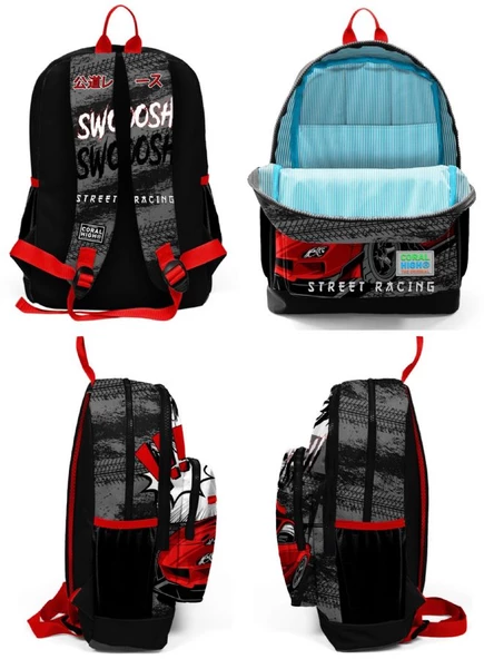 Coral High Erkek Çocuk İlkokul Okul Sırt Çantası ve Beslenme Çanta Seti - Siyah Kırmızı Araba - 3