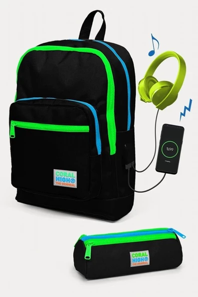 Coral High Kids Siyah USB'li 2'li Okul Çanta Seti - Erkek Çocuk