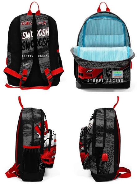 Coral High Okul Çantası ve Beslenme Çanta Seti - Usb Soketli - Siyah Kırmızı Araba Erkek Çocuk - Resim 2