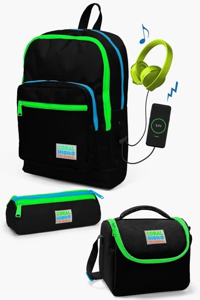 Coral High Kids Siyah USB'li 3’lü Okul Çanta Seti - Erkek Çocuk