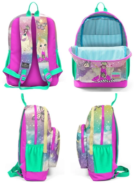 Coral High Pembe Su Yeşili Unicorn Okul Sırt ve Beslenme Çantası Seti - Kız Çocuk - Dört Bölmeli - Resim 3
