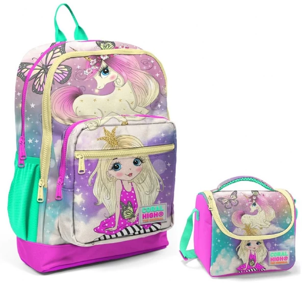 Coral High Su Yeşili Unicorn Okul Sırt ve Beslenme Çantası Seti