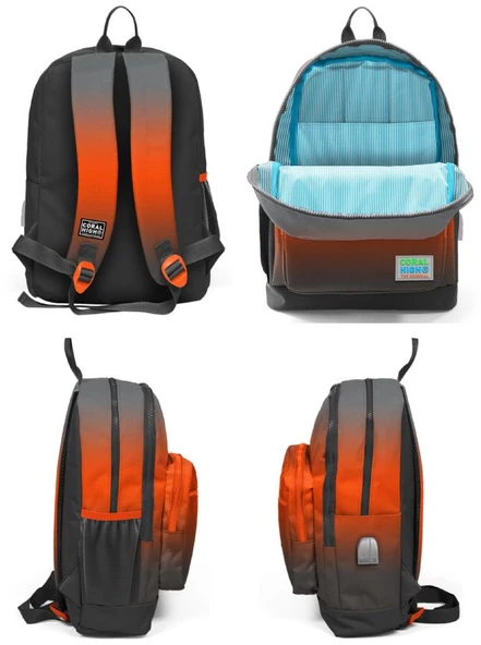 Coral High Okul Çantası ve Beslenme Çanta Seti - Usb Soketli - Siyah Turuncu Gradyan Erkek Çocuk - Resim 2