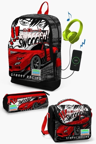 Coral High Kids Siyah Kırmızı Anime Araba Desenli USB'li 3’lü Okul Çanta Seti - Erkek Çocuk