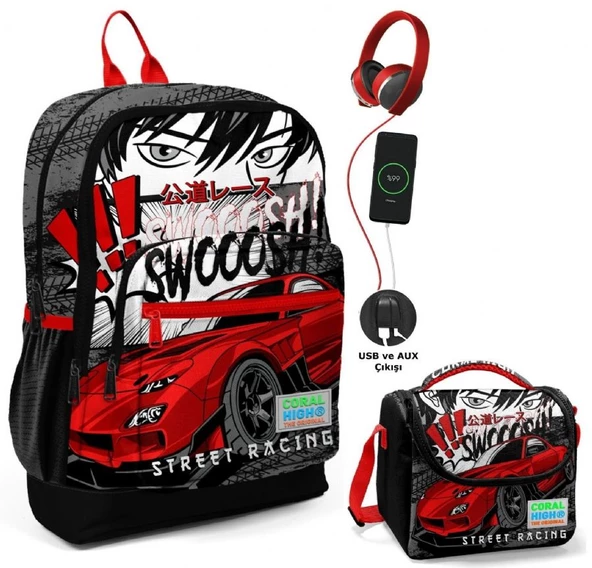 Coral High Siyah Kırmızı Araba Okul ve Beslenme Çantası Seti - Usb Soketli - Erkek Çocuk ürün görseli