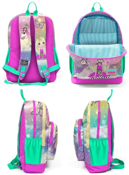 Coral High Kids Pembe Su Yeşili Unicornlu Kız Desenli 3'lü Okul Çanta Seti - Kız Çocuk İlkokul - 2