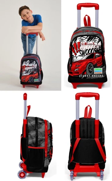 Coral High Siyah Kırmızı Araba Çekçek Okul Çantası Seti - Işıklı Tekerlekler - Erkek Çocuk - 3