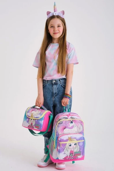 Coral High Kids Pembe Su Yeşili Unicornlu Kız Desenli 3'lü Okul Çanta Seti - Kız Çocuk İlkokul - 3