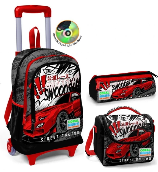 Coral High Siyah Kırmızı Araba Çekçek Okul Çantası Seti - Işıklı Tekerlekler - Erkek Çocuk