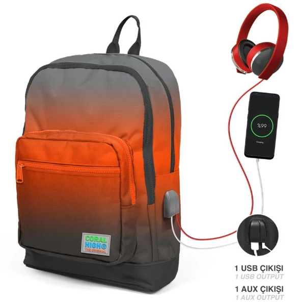 Coral High Siyah Turuncu Gradyan USB Soketli Üçlü İlkokul Çanta Seti - Erkek Çocuk - 3