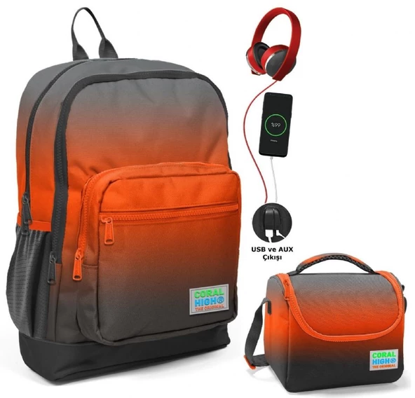 Coral High Siyah Turuncu Gradyan Okul ve Beslenme Çantası Seti - Usb Soketli - Erkek Çocuk