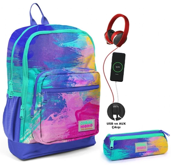 Coral High Renkli Airbrush USB Soketli Okul Çantası ve Kalemlik Seti - Kız Çocuk ürün görseli