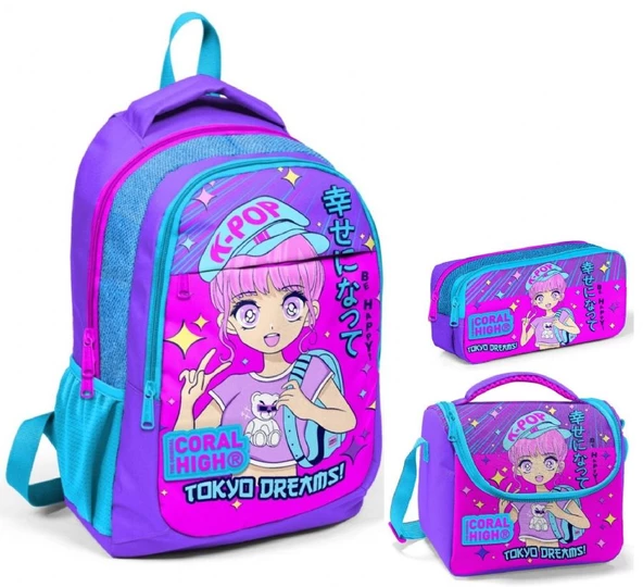 Coral High Lavanta K-Pop Üçlü İlkokul Okul Çanta Seti