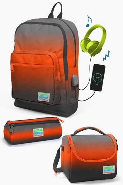 Coral High Kids Gri Turuncu Renk Geçişli USB'li 3’lü Okul Çanta Seti - Erkek Çocuk