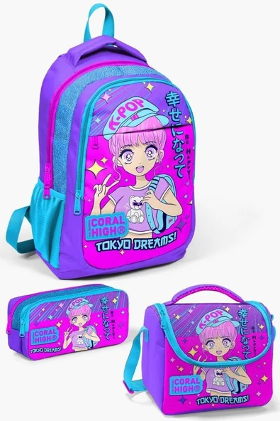 Coral High Kids Mor Pembe Mavi Simli K-Pop Desenli 3’lü Okul Çanta Seti - Kız Çocuk
