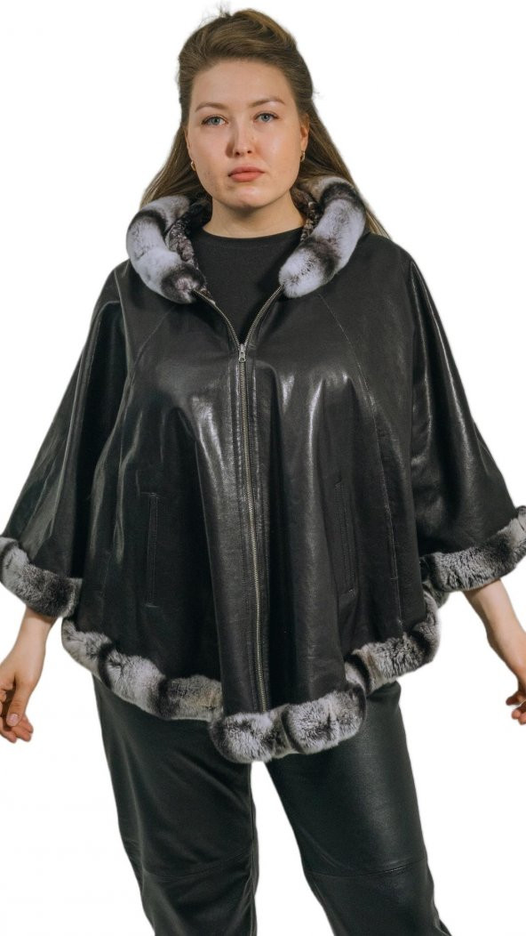 Freya Gerçek Kürklü Hakiki Deri Kadın Kapşonlu Cepli Çift Taraflı Giyilebilir Her Bedene Uygun Panço Hilda Deri - 3